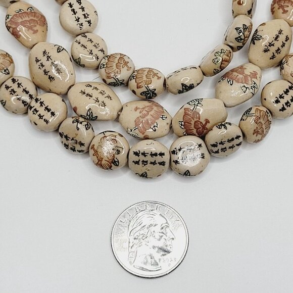 LOT 77 Pcs Vintage Chinese Asian Tan Floral Script Beads Hand Painted Porcelain - Picture 10 of 10